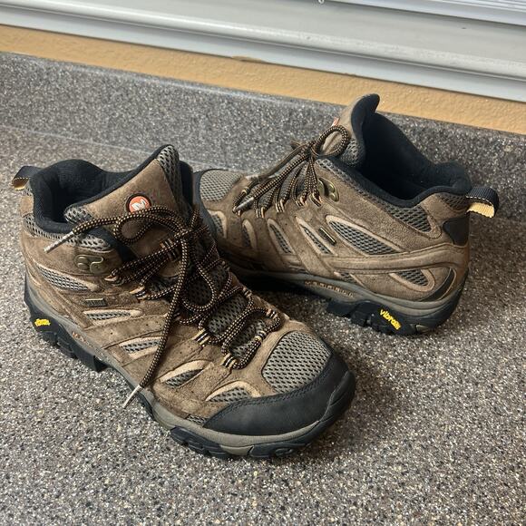 Merrell Hiking Ankle Boots Lace Up Mens Sz 10 Moab Brown Vibram Waterproof Trail - Picture 1 of 11